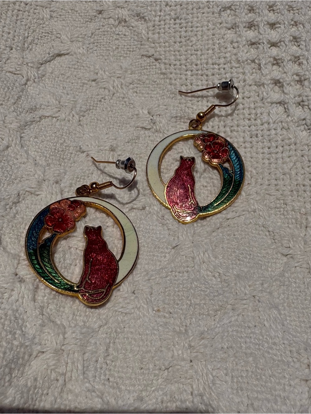 Vintage Cloisonné Enamel Cat Hoop Drop Earrings - Pink Cat, Green & Teal Accents